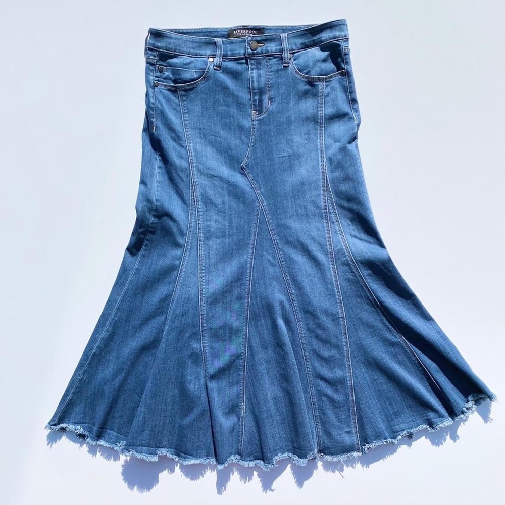 Liverpool Blue Ruffled Trumpet Midi Skirt